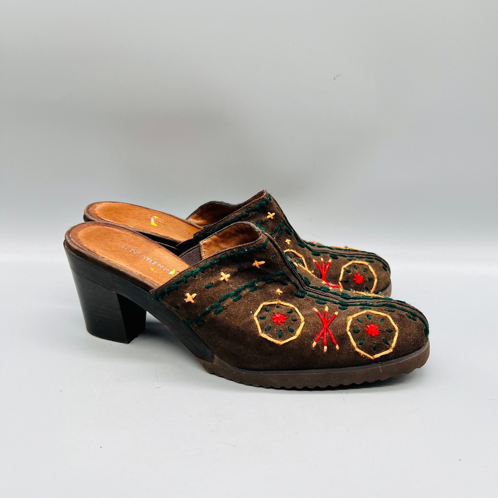 Vintage A. Marinelli Shoes Womens 8.5 Brown Suede Embroidered Boho Slide Mules